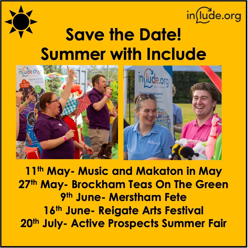 Wondering where to find our Include Choir singing and signing this summer? You won't have to look for long- here are our summer events!

Keep an eye on our social media for more information on each date, and we hope to see you there ☀️

#surrey #communitychoir #charity