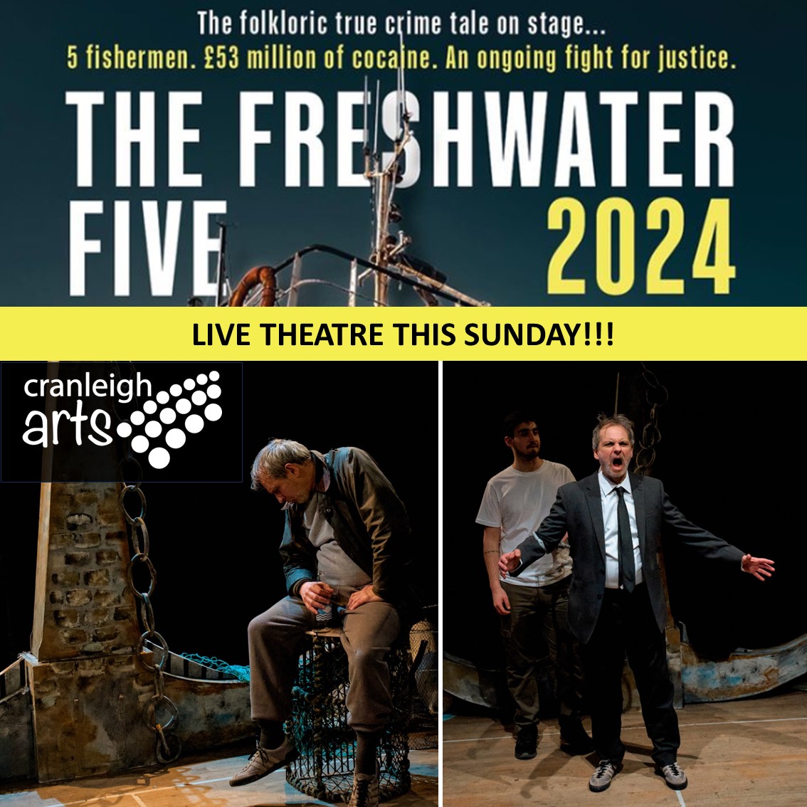 Coming up this Sunday! Live theatre in your village! Join us on Sun 12 May at 7.30pm for an incredible story of five fishermen on the Isle of Wight who were sentenced in 2011 but have always professed their innocence cranleigharts.org/event/the-fres… #FreshwaterFive #LiveTheatre #Cranleigh