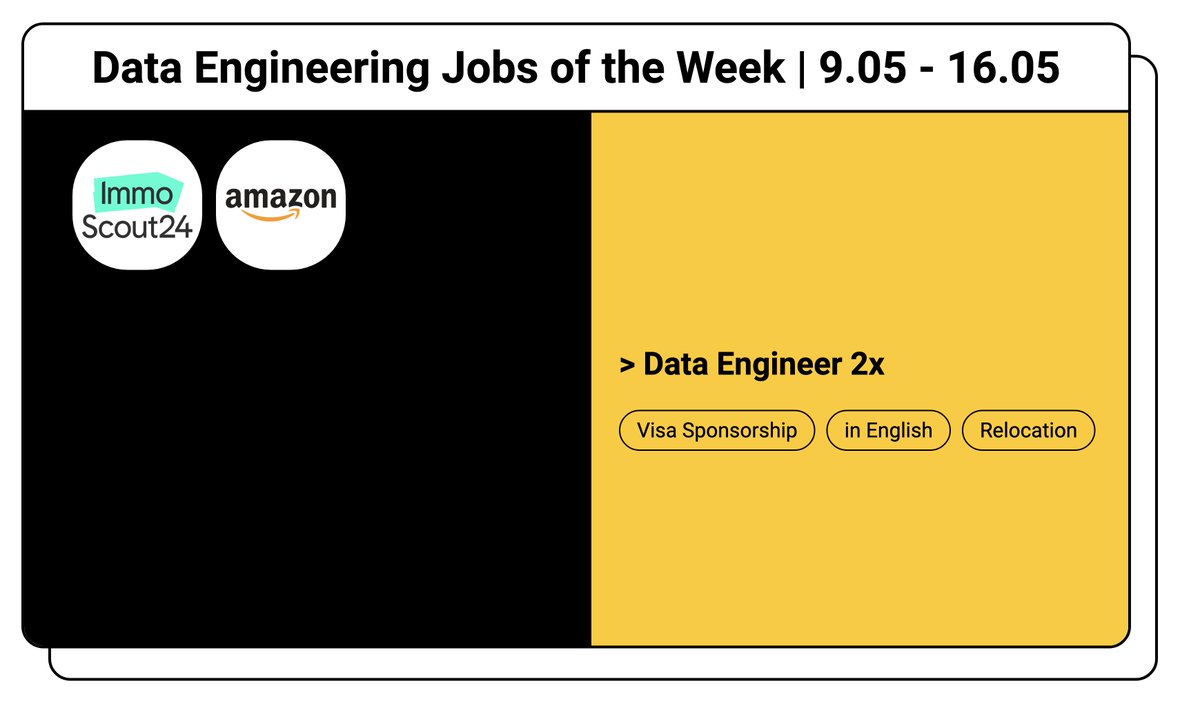Hey all👋

This week we have great hand picked Data Engineering positions in📍Germany (w/ visa sponsorship):

- @Immobilienscout (real estate marketplace)
- @amazon (e-comm)

Check and apply: datajob.io/search/data-en…