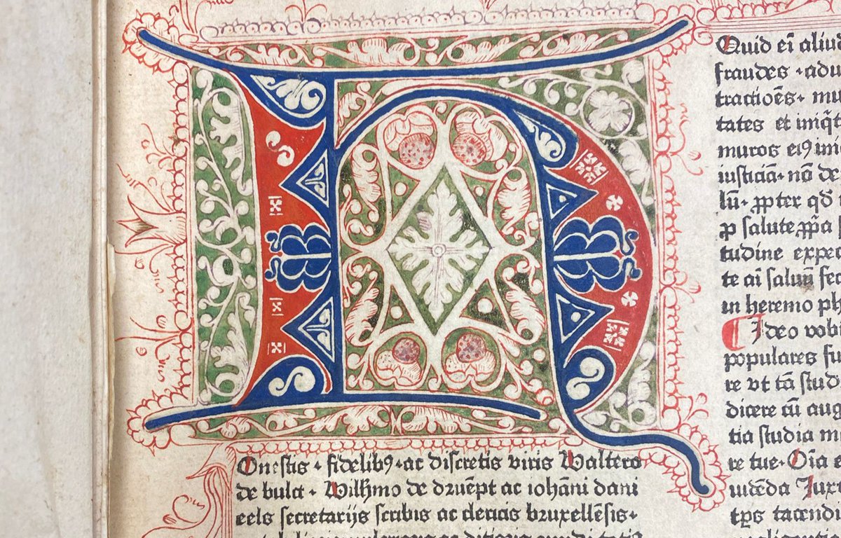 Check out this gorgeous initial from 1476—believe it or not the black text is actually printed (made to look like an earlier scribe)!

(@NewCollegeOx, BT1.112.2, f. 1r)