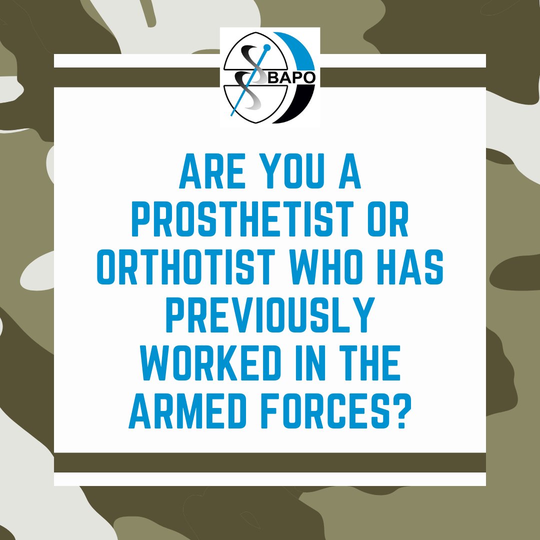 📢Are you a prosthetist or orthotist who has previously worked in the Armed Forces? Would you be interested in sharing your career story with us and inspiring others? If so, BAPO would like to hear from you. Contact enquires@BAPO.com for more info. #Prosthetist #Orthotist