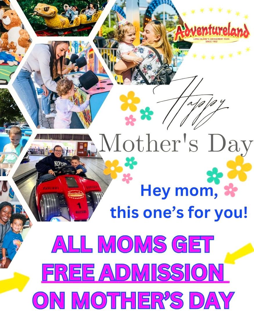 Celebrate mom in the best way possible this #MothersDay at @AdventurelandLI 💐🎉 #discoverlongisland All moms receive FREE admission on Sunday! Jump on the Turbulence Coaster, whirl on the Frisbee, & take a spin in the bumper cars, from 11 AM to 7 PM. 🎢 discoverlongisland.com/event/moms-get…