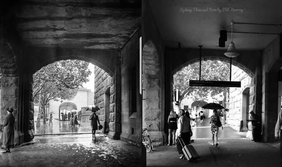 Blast from the STAN past - A rainy day at Central Station’s Eddy Avenue pedestrian concourse in the 1920s and in 2020. [1920s-Fairfax Archives>2020-Phil Harvey]