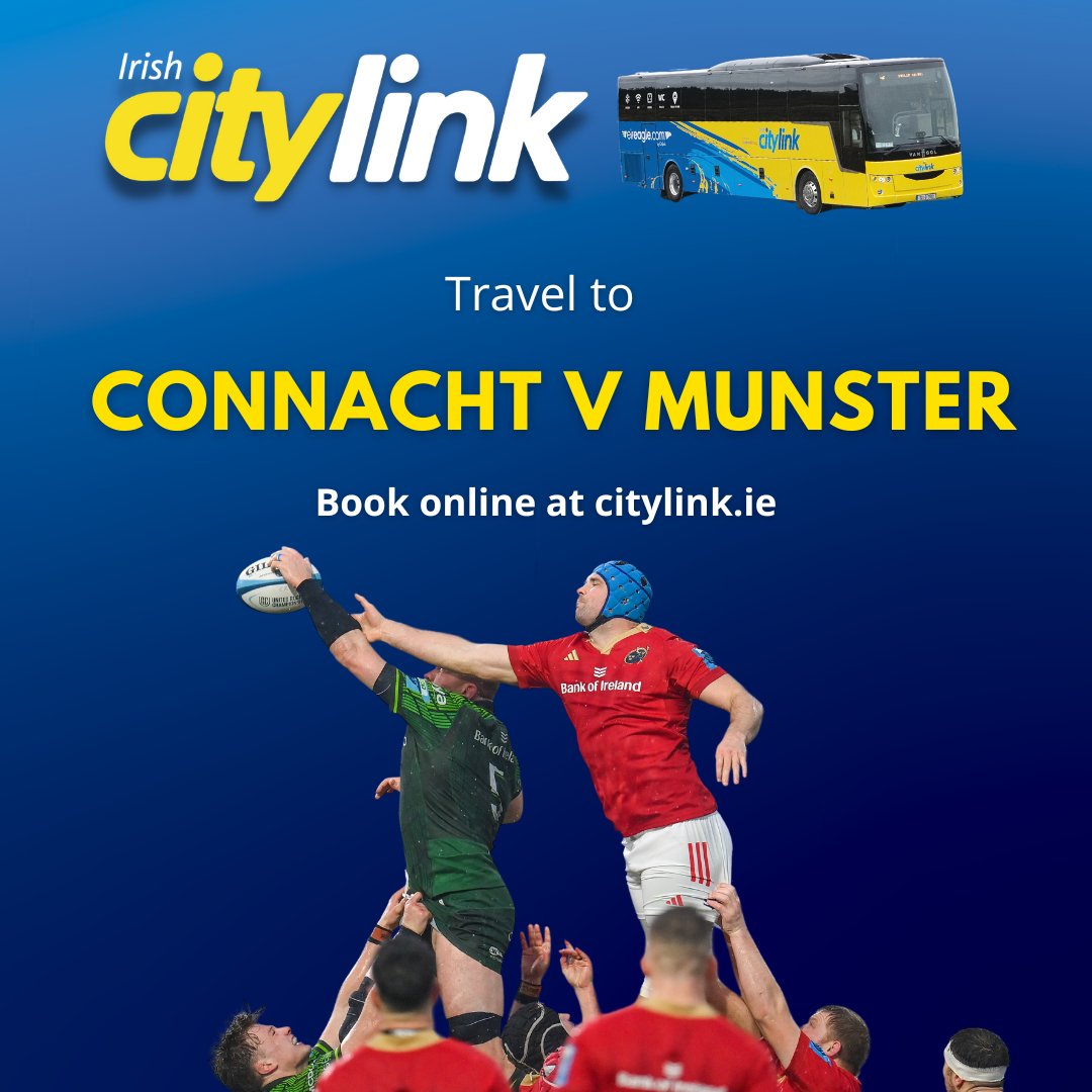 Heading to Limerick to cheer on @connachtrugby this weekend?🏉 Get there with Citylink! For timetables and bookings go to citylink.ie 🚍 #ConnachtAbú