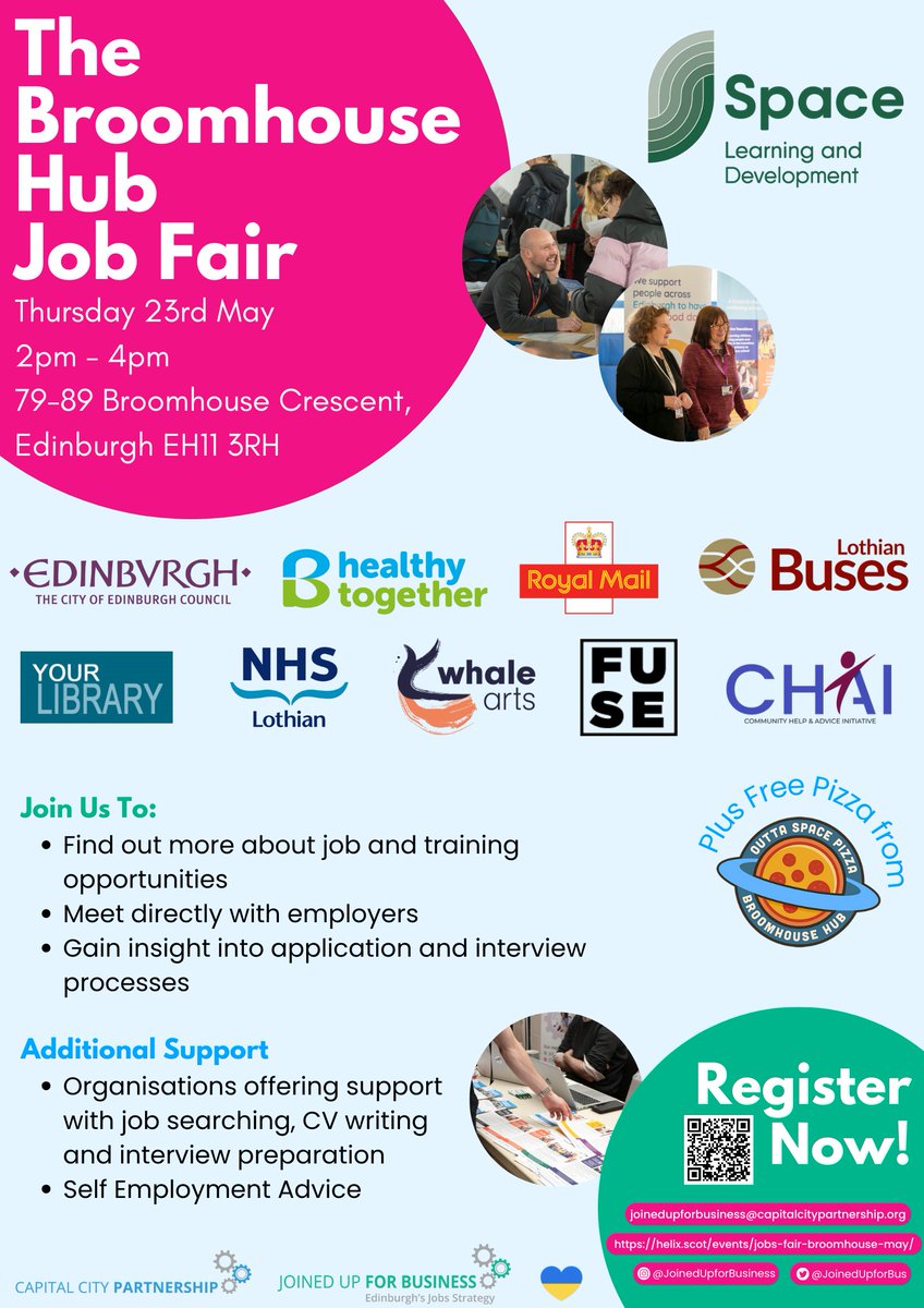 Looking for a new job, volunteer experience, or training opportunity?

Visit The Broomhouse Hub 23 May to meet more than 25 prospective employers at Space's #JobsFair.

Register for the free event (link in bio), catered by @OuttaSpacePizza.

#jobs #opportunities #training #Space