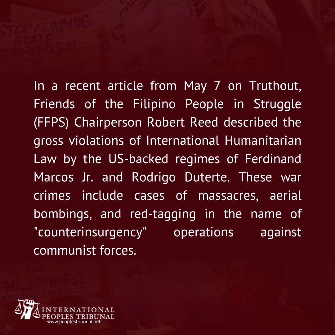 These war crimes include cases of massacres, aerial bombings, and red-tagging in the name of 'counterinsurgency' operations against communist forces. Read the full article here: truthout.org/articles/like-…