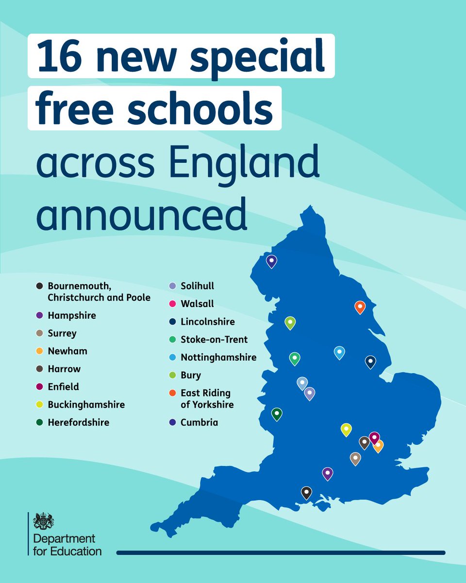 Today we've announced the locations of 16 new special free schools across England. From Bury to Surrey to Solihull, these schools will provide thousands of vital spaces for pupils whose needs can't be met in mainstream education. Find out more: ow.ly/U7l450RA7u8