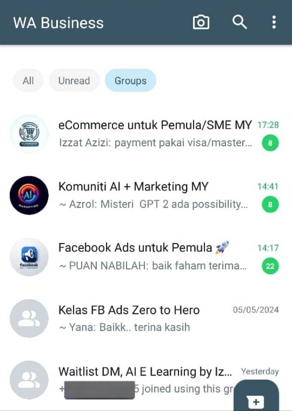 Group WhatsApp Percuma yg anda WAJIB join jika nak belajar Digital Marketing, AI dan eCommerce. 

Berminat nak sertai ?
