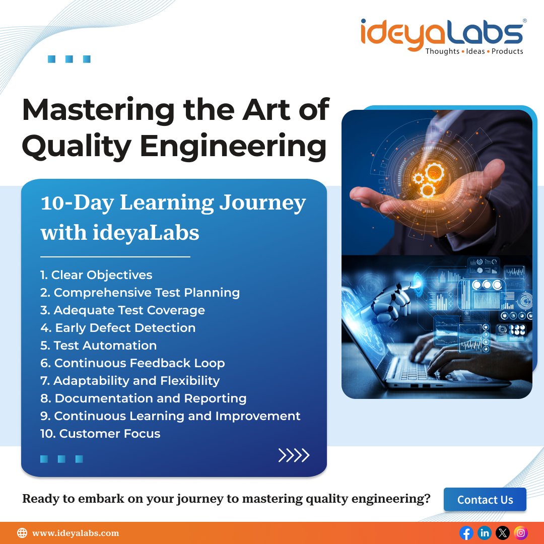 Welcome to Day 1 of our #QualityEngineering journey with ideyaLabs! Today, we're delving into effective testing methodologies, from planning to execution. Join us as we unlock the secrets to building quality-driven digital solutions! #ideyaLabs #SoftwareTesting #QualityAssurance