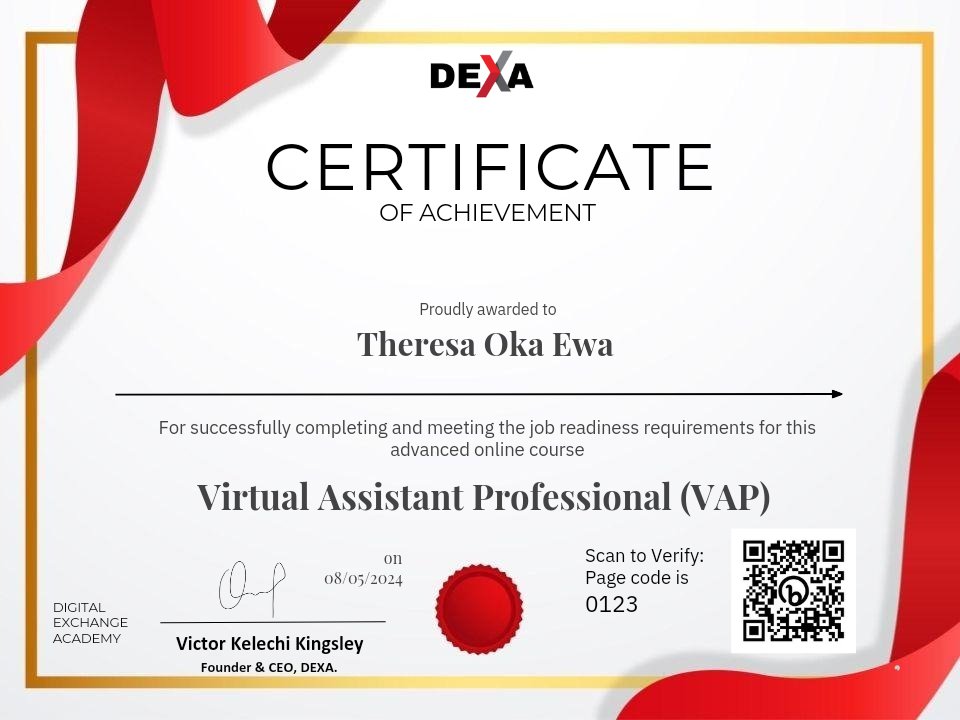 Big News! Just completed the Virtual Assistant Bootcamp with @Learnwithdexa!  Equipped with skills in Email and calendar management, Data Entry, Social media management, Customer service, and more. Massive thanks to @ErinBoothVA 
#VirtualAssistant #DEXABootcamp   #RemoteWork