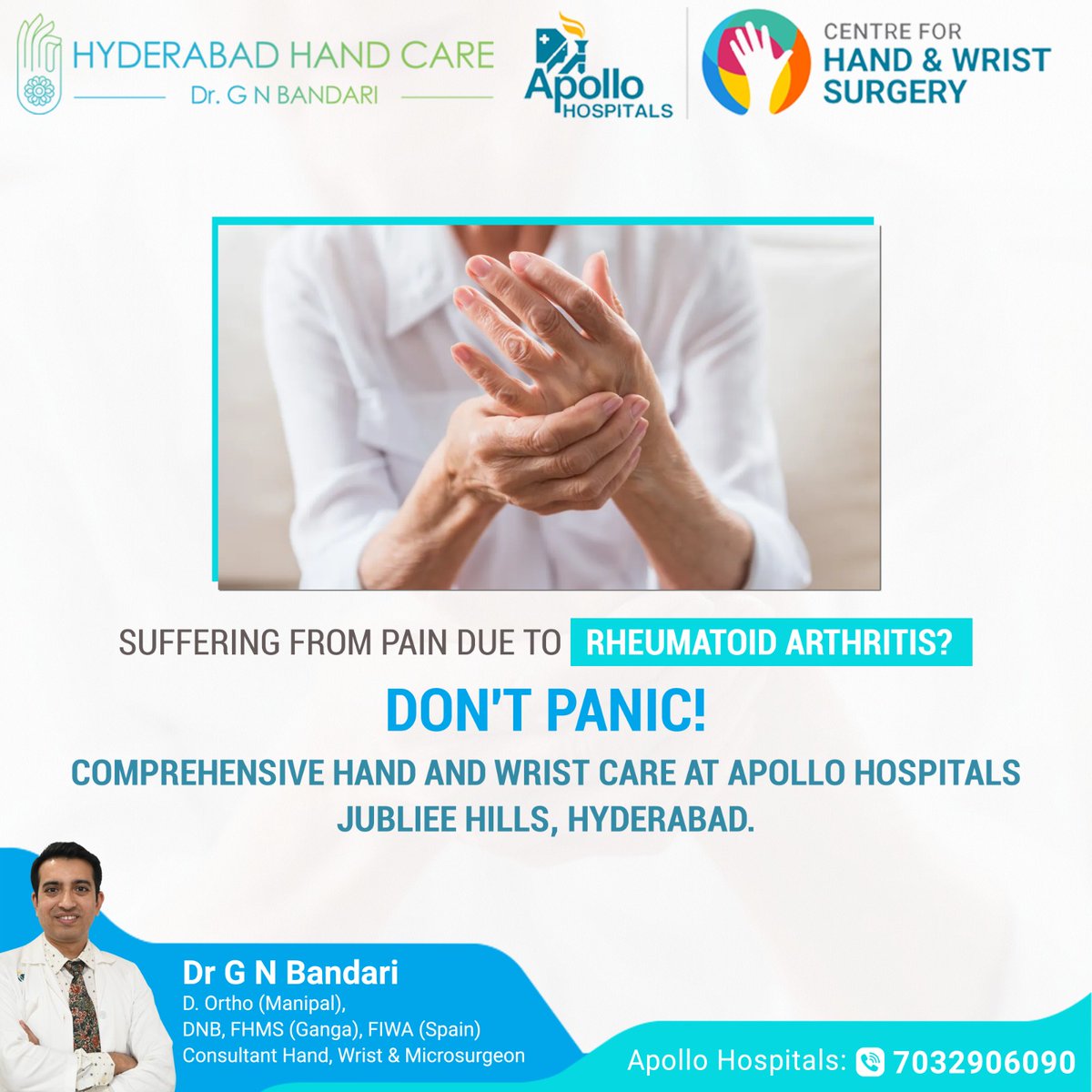 Suffering from pain due to Rheumatoid Arthritis?
Don't panic!
Comprehensive Hand and Wrist care at #ApolloHospitals, #JubileeHills, #Hyderabad. Let us help you find relief.

Dr. GN Bandari
Hand , Wrist & Micro-Surgeon
Book an Appointment
7032906090