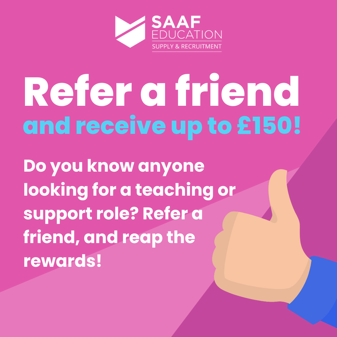 Know someone who's looking for their next teaching or support role? 🤔

Refer a friend and you'll be rewarded up to £150 💸

Find out more ➡️ bit.ly/3QCkkb4

#ReferAFriend #TeachingJobs #JobsInEducation