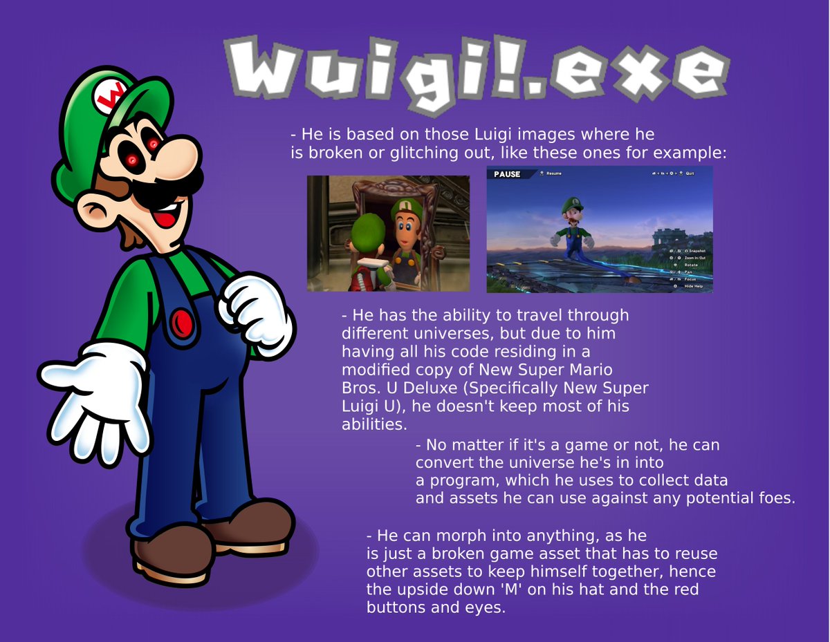 I finally finished that Wuigi!.exe art, and I rushed the rest of the sheet but I'm glad I finally got it over and done with.
Anyways here's my boy with a basic summary of himself.