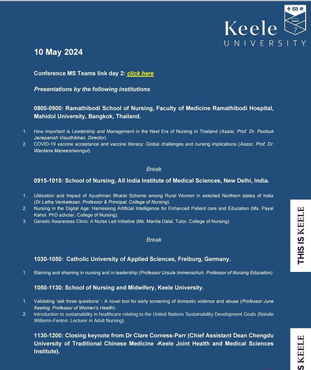 College of Nursing,  AIIMS,  NEWDELHI With Keele University, UK, Royal College of surgeons Ireland, Ramathibodi School of Nursing,  Thailand and Catholic University, Germany observing International Nurses Day on 09 th and 10th May 2024.teams.microsoft.com/l/meetup-join/…