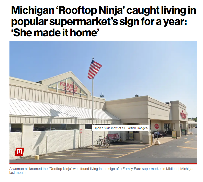 Well, she didn't have to go far to get groceries! From NyPost: A Michigan woman, known as the “rooftop ninja,” spent the last year living inside the signage of a popular grocery store Contractors hired to work on the roof at the Family Fare Supermarket in Midland, MI, were…