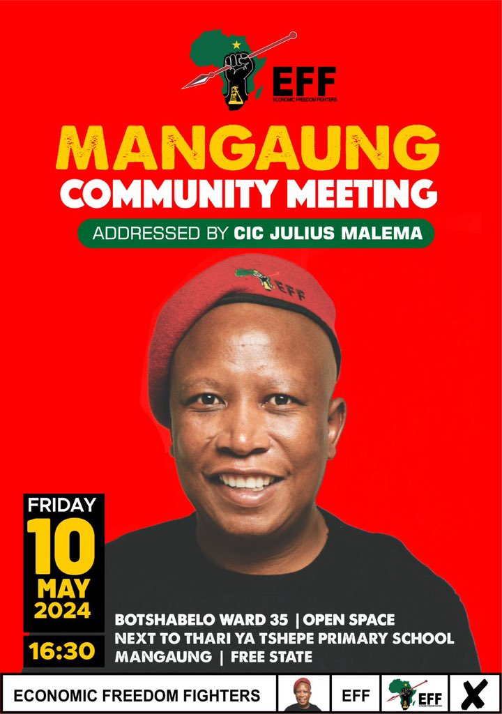 ♦️HAPPENING TOMORROW♦️

President @Julius_S_Malema will convene community meetings in Free State tomorrow.

Our battle cry for these elections is Land And Jobs Now! Stop Loadshedding!

These are at the centre of the liberation of the people of South Africa!

#EFFCommunityMeetings