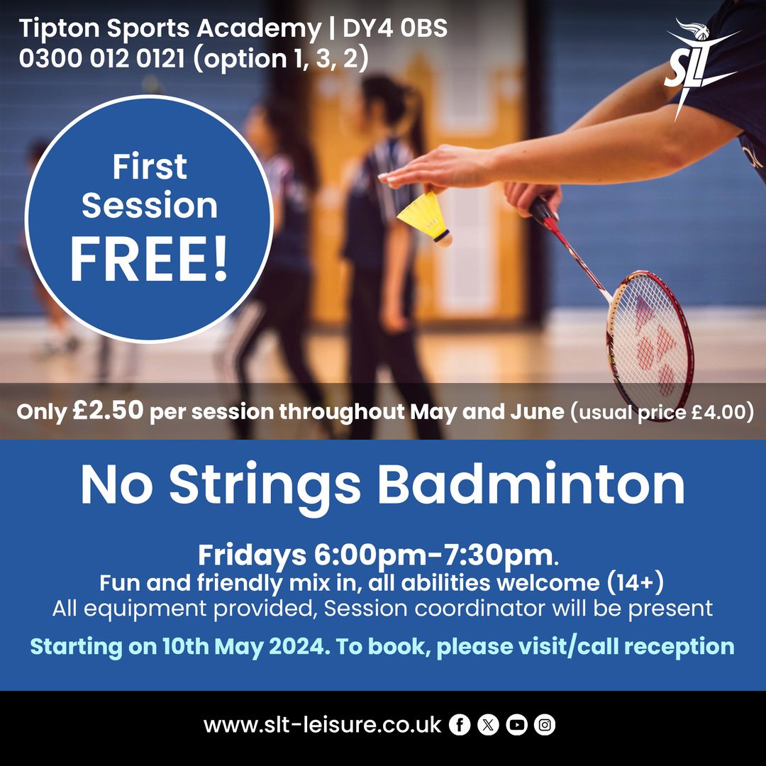 🏸📍 Tipton Sports Academy are running a fun and friendly session of ‘No Strings’ Badminton. 📅 Starting on Friday 10 May ⏱️ 6.00pm – 7.30pm First session is completely free, and then for the months of May and June, the session are only £2.50 per session.