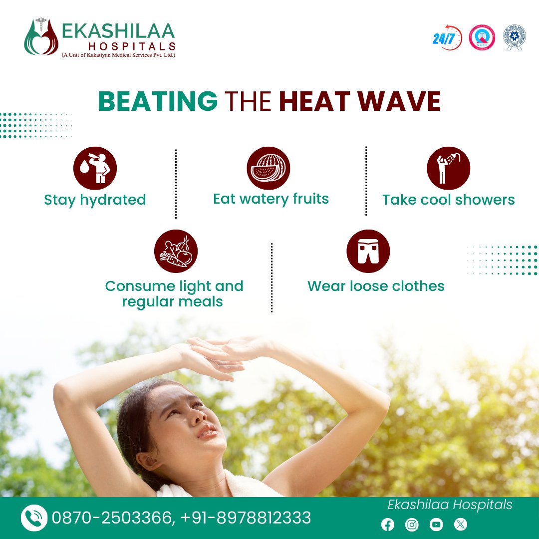 As the heat wave hits, stay cool and hydrated with these tips: 1. Drink plenty of water 🚰 2. Eat light, regular meals 🍉 3. Take cool showers 🚿 4. Wear loose clothes 👗 Stay safe and beat the heat! #ekashilaahospital #warangal #heatwave #summer #stayhydrated #dehydration