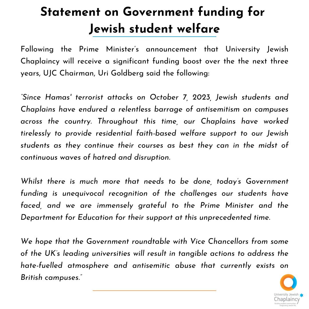 We welcome and are thankful for the announcement from @10DowningStreet on awarding funding to supporting Jewish student welfare in light of the immense increase in antisemitism on UK campuses. Find the PM's statement here: gov.uk/government/new… @GillianKeegan @educationgovuk