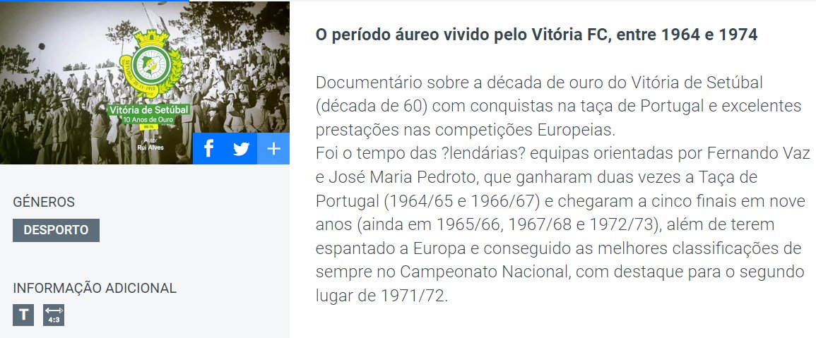Vi o documentário sobre o <a href="/oficialvfc/">Vitória FC</a> na RTP Memória no sábado à tarde. É muito bom. Vale pelas imagens incríveis de jogos daquela década e das proezas europeias dos sadinos. 
Não é só para adeptos do Vitória FC, é para todos os que gostam mesmo de futebol. Um luxo.  <a href="/rtppt/">RTP</a>