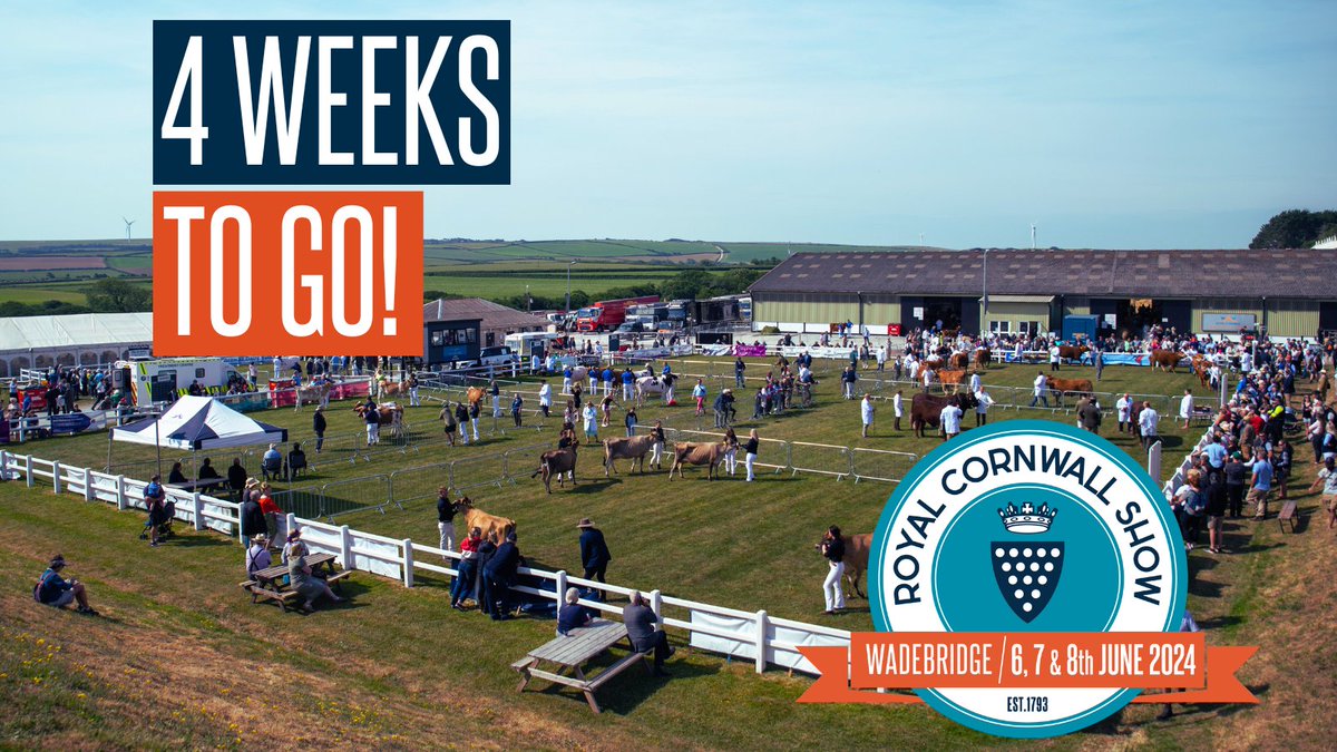 ⭐4 WEEKS TO GO!⭐ We are really getting close to the start of the 2024 Royal Cornwall Show. Whether you want entertainment, shopping, food & drink, or amazing animals and agriculture, we've got it covered! Beat the crowds and book online - bit.ly/RCSTickets2024
