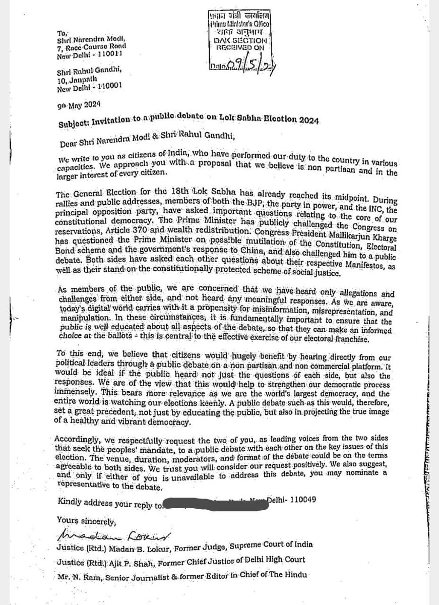 Former Supreme Court judge MB Lokur, former HC CJ AP Shah and veteran journalist @nramind invite Prime Minister Narendra Modi and Congress leader Rahul Gandhi for a public debate on #LokSabha Election 2024.