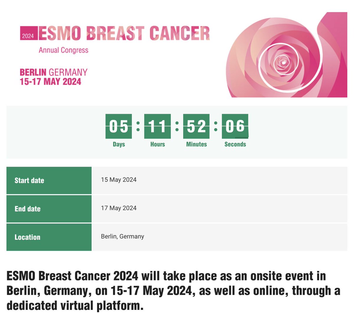 Countdown to #ESMOBreast2024: Only 6 days left! 

Excitement is building up as we gear up to attend this year's congress in Berlin, where key insights in the  #BreastCancer domain await! Who else is joining us for there?

Find out more at:  ow.ly/VeJn50RA95s

#MedEd #bcsm
