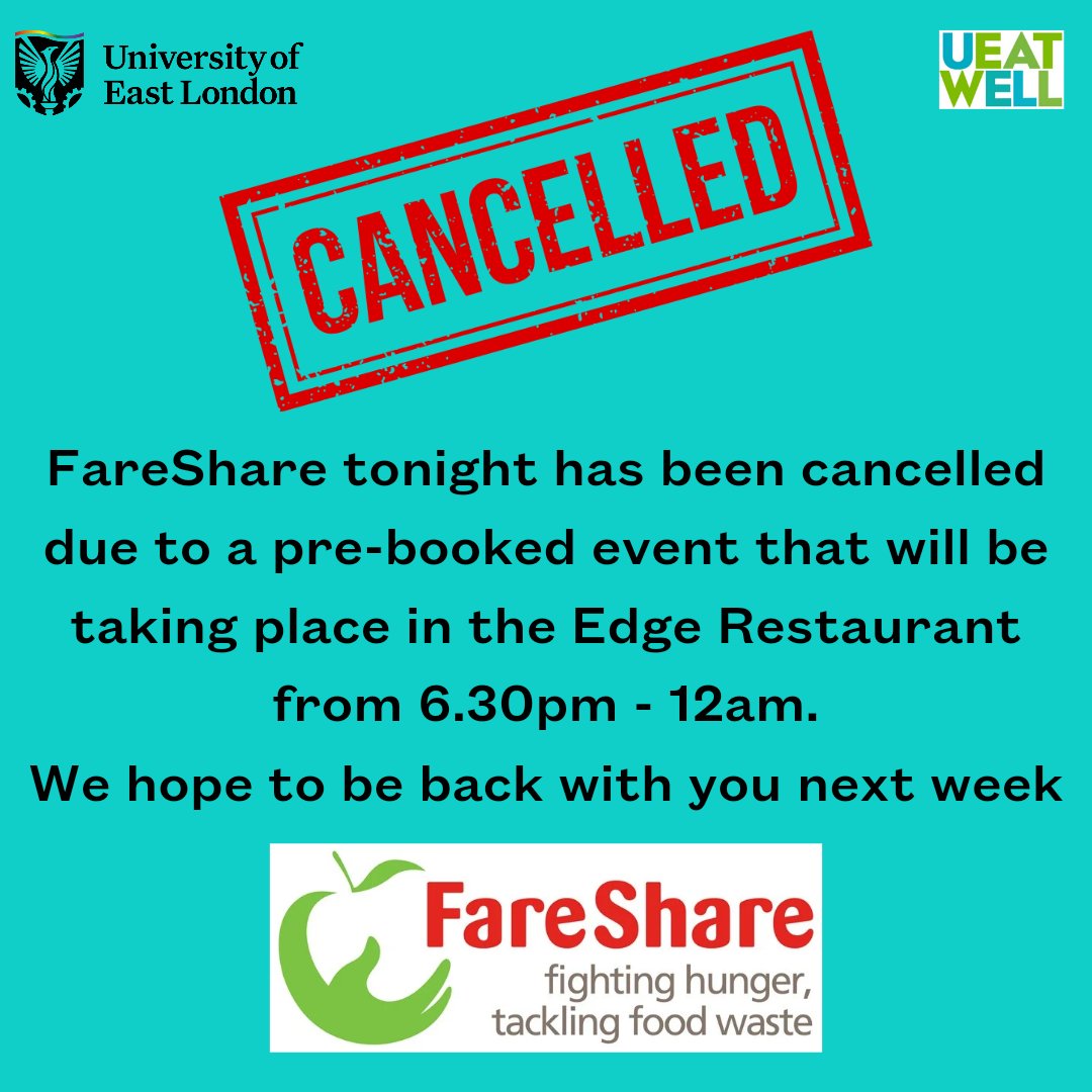 There will be no FareShare tonight as there will be a pre-booked event taking place in the Edge Restaurant from 6.30pm - 12am. We hope to be back with you next week. Watch this space!
#nottonightjosephine #postponed #nextweek #fareshare #UEL #uellife #DocklandsCampus