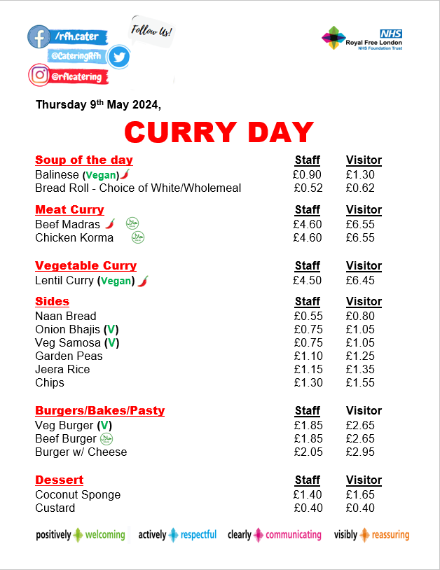 CateringRfh's tweet photo. Greetings good people! It's Thursday Curry Special!😝😀🥰😃
@RoyalFreeNHS 
@RoyalFreeChty 
@royalfreeradio https://t.co/VNlp4cpUu6