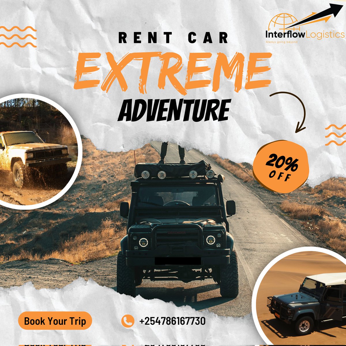 Adventure awaits! 🚗💨 Whether you're a thrill-seeker or a nature lover, our car rental services have got you covered. Explore the great outdoors in style and comfort. Book your extreme adventure now! #Interflow Logistics #CarRental #AdventureTime #explore#AIL