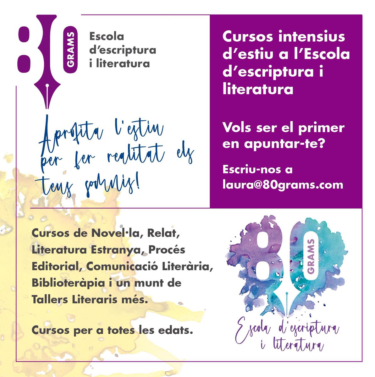 80gramsEscola's tweet photo. Arriba l’estiu i tenim nous cursos intensius per a tots vosaltres!!!! Seran les dues primeres setmanes de juliol i de moment tenim Novel•la, Relat, Poesia i Literatura fantàstica. 

Si vols més informació, no dubtis en escriure’ns!! 

#escriurebadalona #escolaescriptura #80grams https://t.co/chPTpBWnEE