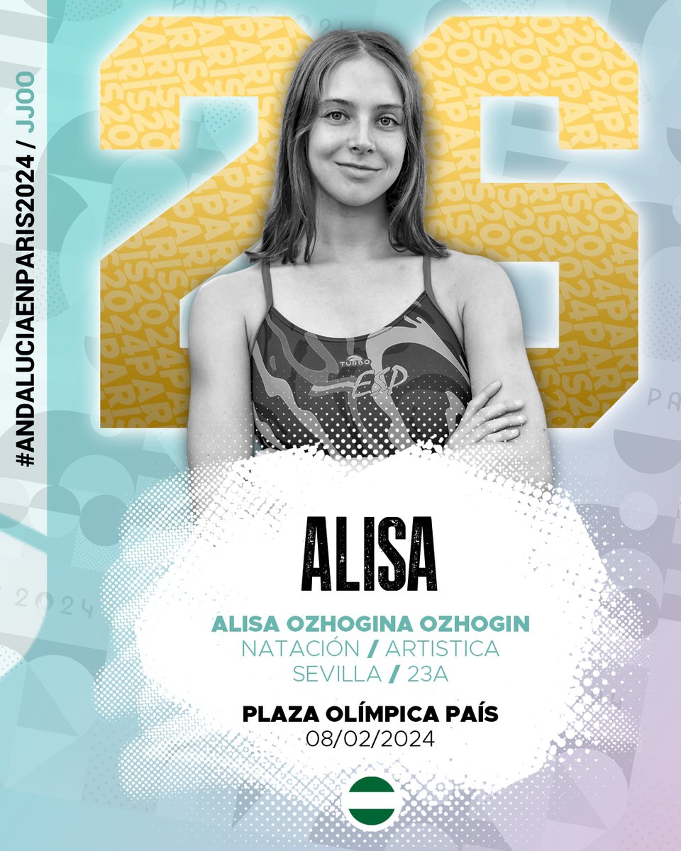 🟢⚪🟢#AndalucíaenParís2024🔸2️⃣6️⃣🏊‍♀️La natación artística española culminó en el Mundial de Doha (Catar) la clasificación olímpica. En dúo, la sevillana Alisa Ozhogina fue una de las protagonistas con un bronce en la prueba técnica. También participaría en la plata del conjunto.