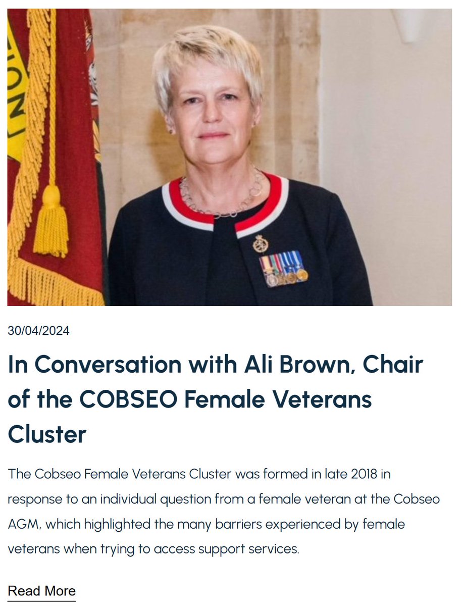 We've been 'in conversation' with Ali Brown, Chair of the COBSEO Female Veterans Cluster talking about how the cluster was formed and <a href="/FemaleVeteranTP/">Female Veterans' Transformation Programme</a> came about, as well as what motivates her work with veterans. You can read it in full here: fvtp.org.uk/blog/inconvers…