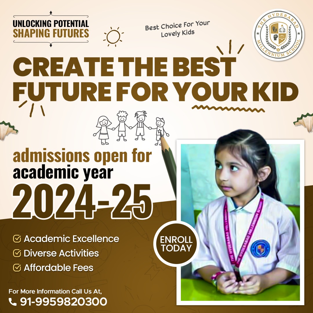 Enroll your child in the gateway to excellence at The Hyderabad Millennium School! Admissions now open for the academic year 2024-25. 
Reach us at 9959820300
#AdmissionsOpen #TheHyderabadMillenniumSchool #ExcellenceInEducation #BrighterTomorrow #EnrollNow #FutureLeaders