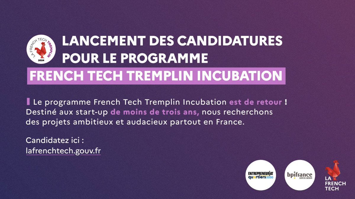 📢 #FrenchTechTremplin Incubation | J-1 avant la clôture de l'appel à candidatures Il n'est pas trop tard pour candidater☝️ Bénéficiez d'un an d’accompagnement au sein d’un incubateur, ainsi qu’un soutien financier jusqu'à 22 900€ 📆 10 mai Infos 👉 lc.cx/xXo1VZZfTxb