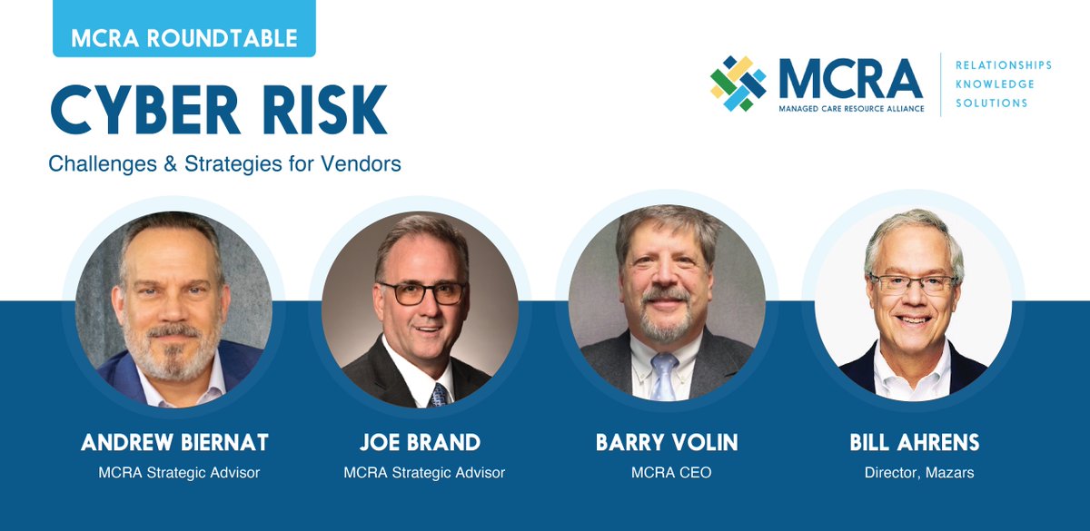 MCRAlliance's tweet photo. Later this month, MCRA Members have exclusive access to a roundtable discussion on cyber risk 🖥️🔒 Hosted by MCRA Strategic Advisors, Andrew Biernat &amp; Joe Brand, Barry Volin (MCRA CEO), and HiTrust expert, Bill Ahrens (Mazars). 

Exploring membership 👇
https://t.co/ReNIhwoD4O https://t.co/zSNDGMXepA