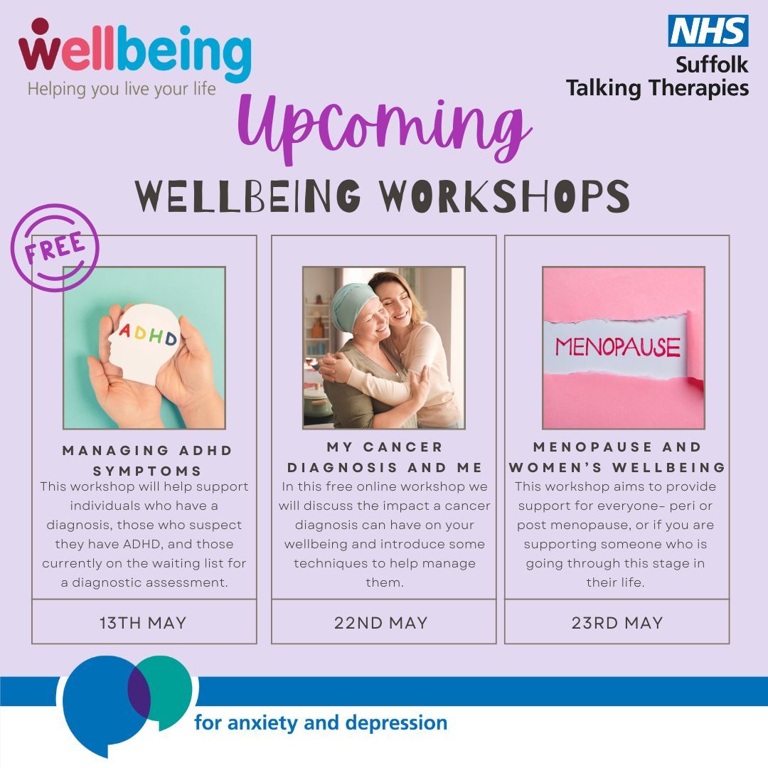 We have lots of Wellbeing Workshops coming up this month, with a wide range of topics and lots of date & times to choose from - why not book your free place! View all of our workshops on our website: wellbeingnands.co.uk/suffolk/get-su… #mentalhealthsupport #SuffolkTalkingTherapies