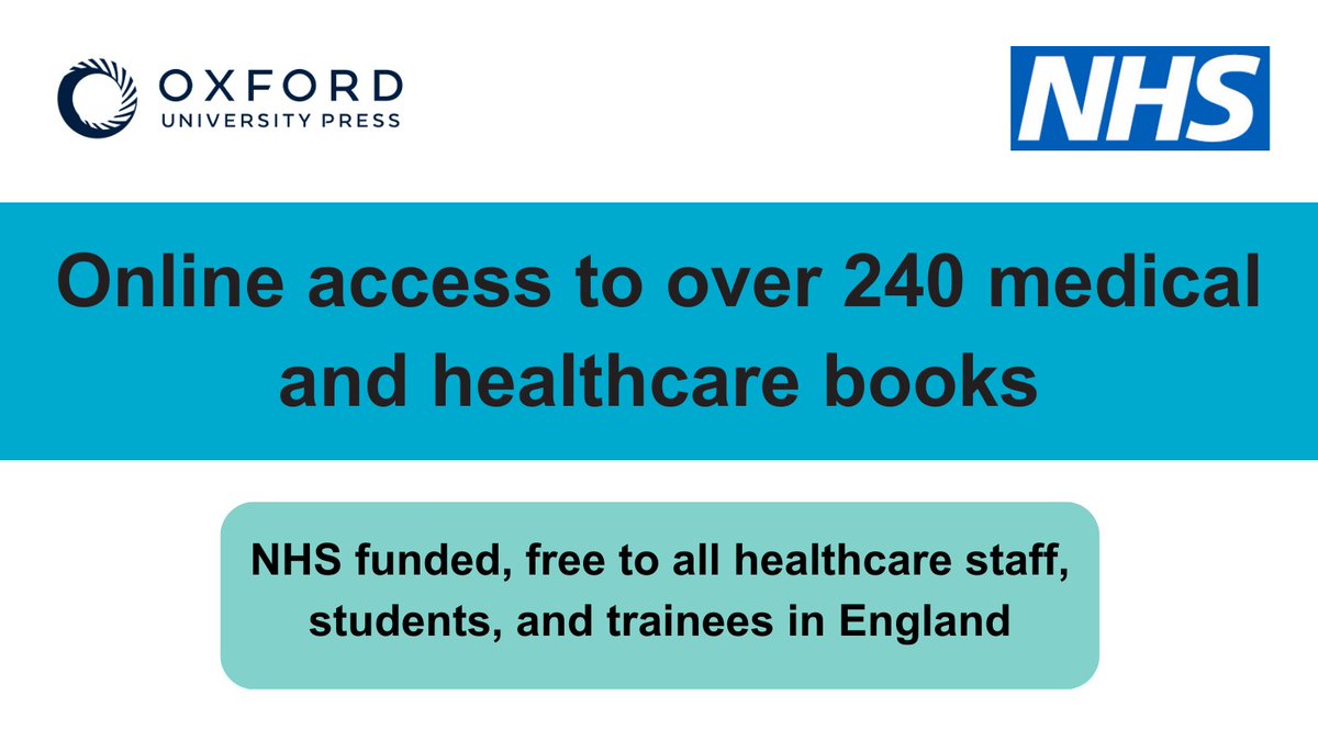 NHS staff and students in England have access to over 240 Oxford University Press medical and healthcare books online, courtesy of NHS England. Includes Oxford Textbook of Medicine and Oxford Handbook of Clinical Medicine #OUPNHS @NHS_WTE Find out more: pages.oup.com/hee