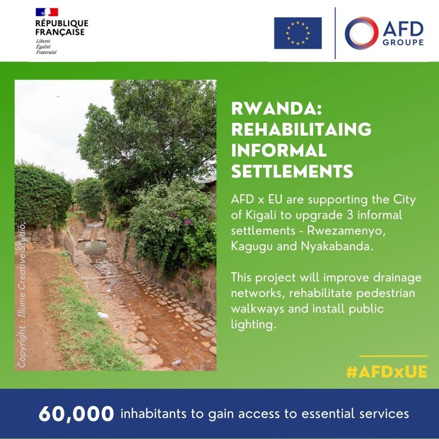 En cette #JournéeDelEurope, découvrez comment la @CityofKigali améliore la vie quotidienne de plus de 60 000 personnes grâce au projet d'amélioration des quartiers informels de Kigali (KISUP) soutenu par des prêts et des subventions de l'@AFD_France 🇫🇷 et de l'@EUinRW 🇪🇺 #AFDxEU
