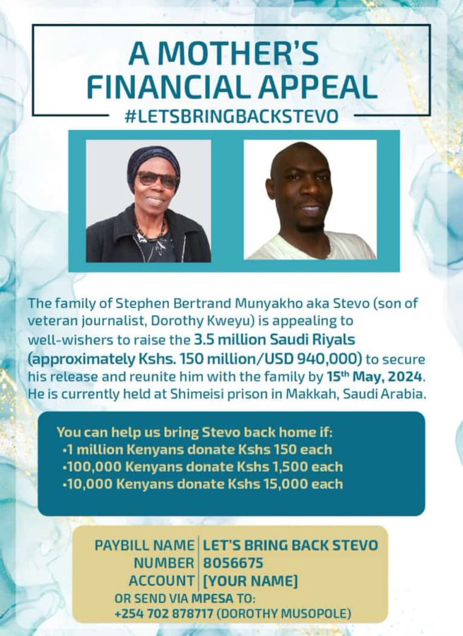 MbuthiaAmina's tweet photo. For just a 100 bob, you could save Steve from the hangman in Saudi Arabia. A million Kenyans for Steve to raise Sh150 million.
Pay bill: 8056675
Account:Your name
You can send directly to Mpesa +254 702878717 #BRINGBACKSTEVO
Read the story here!
https://t.co/fVAw7H6ShR https://t.co/IhNwCvbTY2