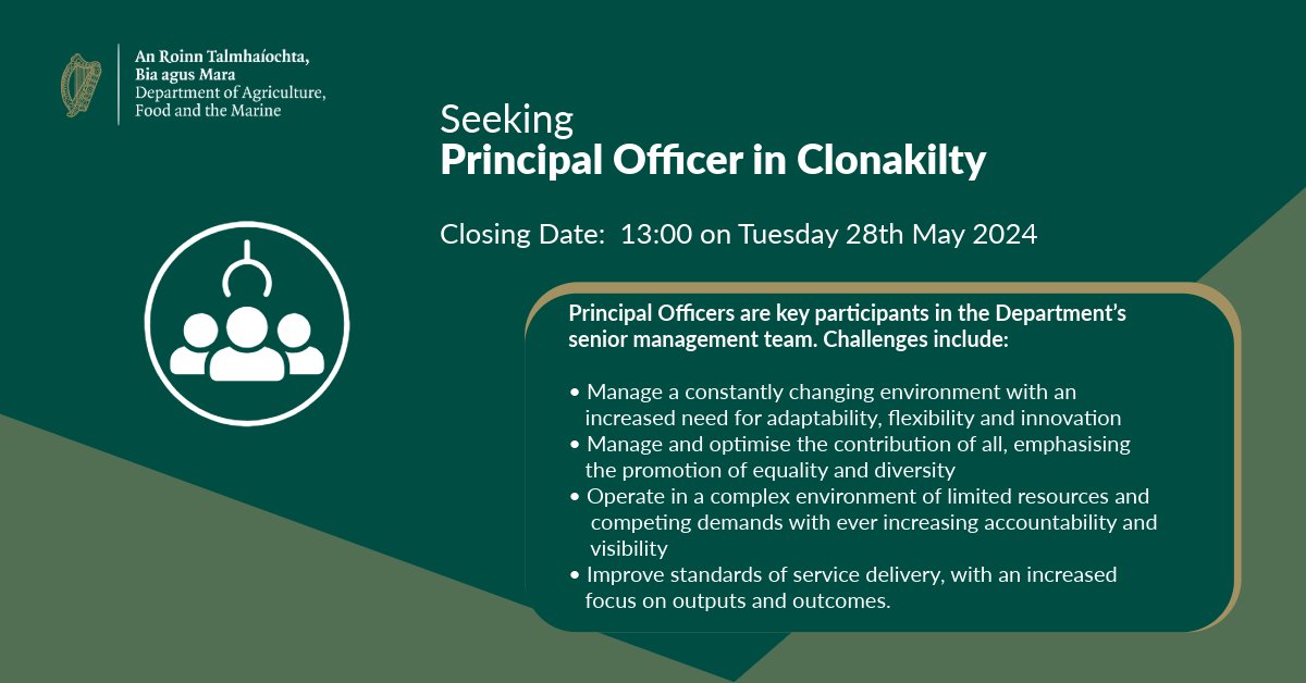 We are seeking a Principal Officer for The National Seafood Centre in Clonakilty. This senior role will have a wide brief that includes project management, policy development, financial planning & promotion of equality and diversity. Information Booklet: gov.ie/pdf/?file=http…