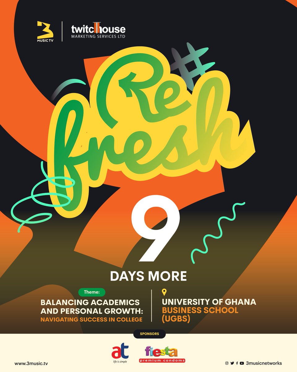 🚨:9 days to go until #3MusicRefresh! Have you registered yet? It's time to gear up for a day filled with thought-provoking discussions and experiences that will ignite action! 🔥 Sponsors: @theatghana | @FiestaCondomsGH Register now: surveymonkey.com/r/GK3GH7S