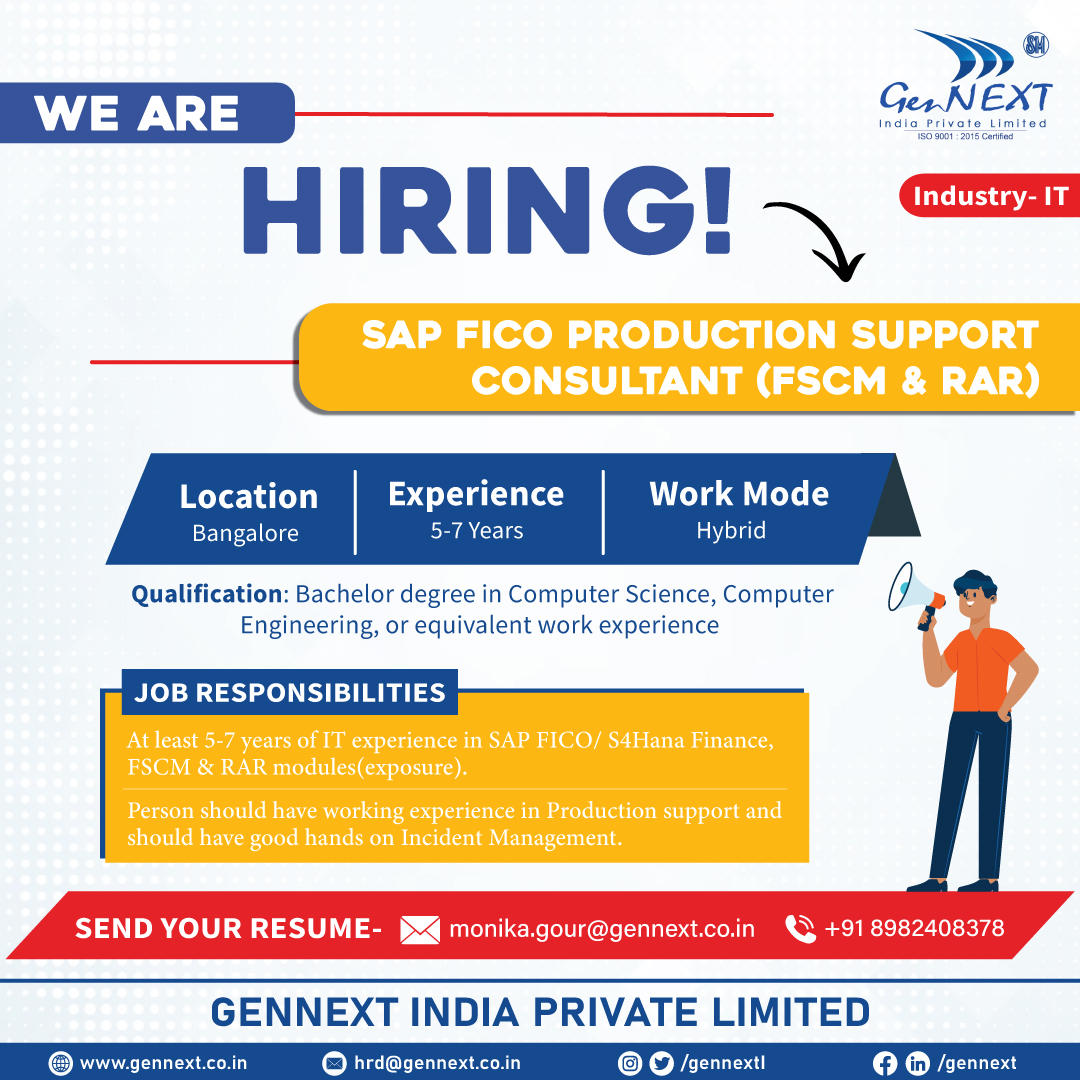 #UrgentHiring 💼📢🎯

Position: SAP FICO Production Support Consultant (FSCM & RAR) 
Location: Bangalore
Work Mode: Hybrid

#SAP #FICO #SupportConsultant #IT #Bangalore #Hybrid #COmputerScience #Engineering #jobseekers #jobopenings2024 #gennextjob #gennexthiring #GenNext #hiring