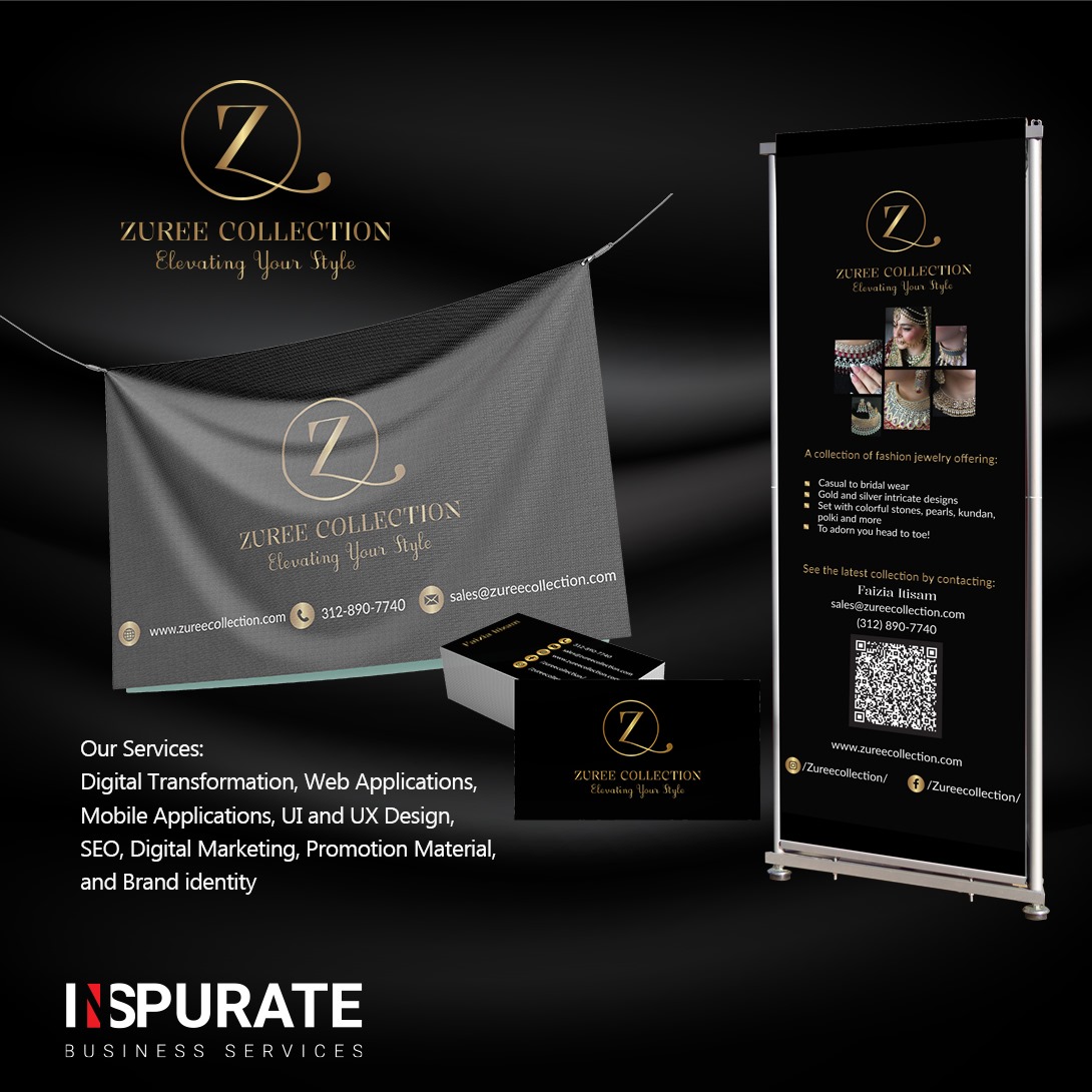 We're thrilled to announce our branding work for Zuree Collection a bespoke jewelry designer from Chicago, specializing in unique Hyderabadi jewelry! @inspurate establish their brand identity w/ a  #logo, #standee, #banner, #sticker, and #businesscard. #inspurate