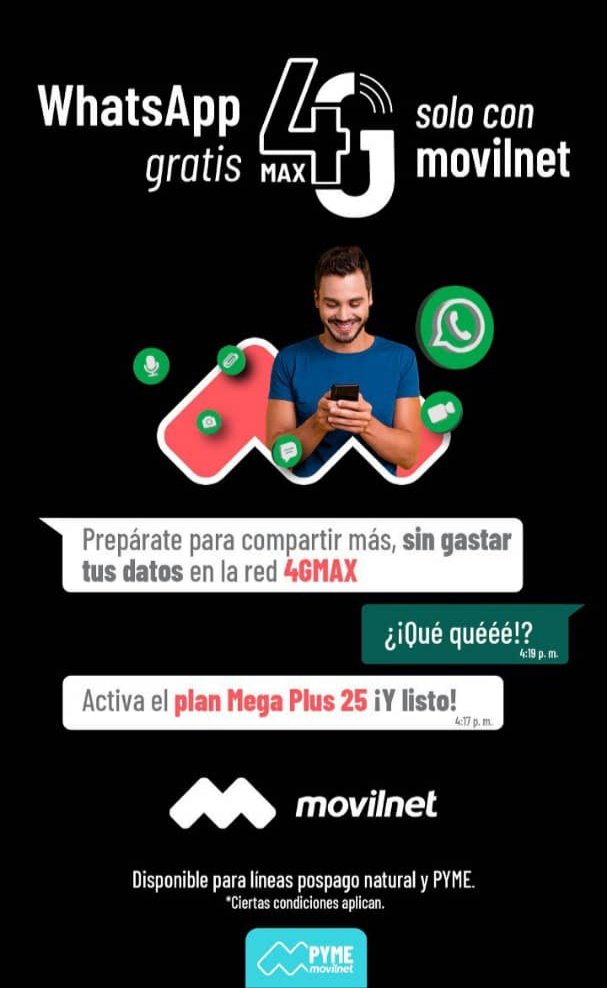 📍Cámbiate al plan Mega Plus 25 y disfruta de WhatsApp GRATIS por 6 meses en la red 4GMAX. + Información t.me/SomosMovilnet_… 📌 Conecta, Descubre y Comparte con Movilnet 🤳🏼 @SomosMovilnet_ #NicoEsUnDuro