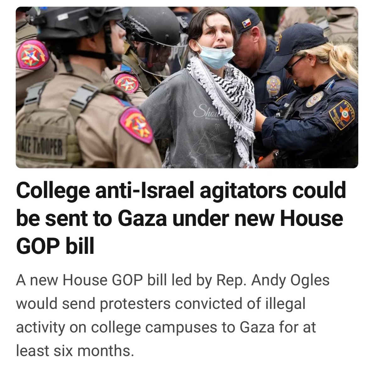 Don’t want to die for Israel? Then you will be executed by Israel. 

U.S. Congress is now pushing to pass a bill that sends American students to be slaughtered in Gaza by Israel for misbehaving. 

Only a government completely occupied by Israeli influence would ever even suggest