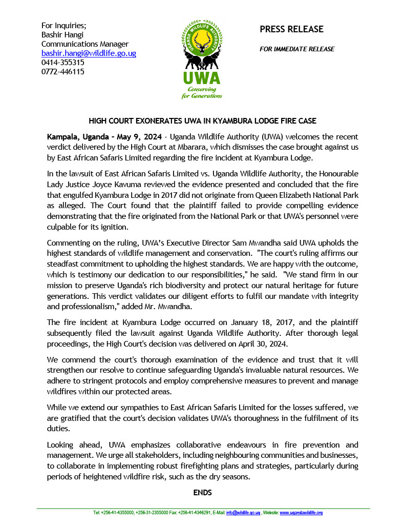 Hight Court exonerates UWA in Kyambura Lodge fire case. Management welcomes verdict, see our statement below.