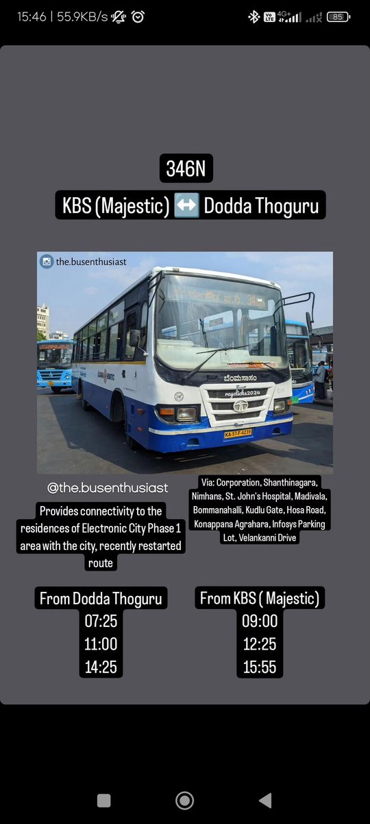 346N, the route that was restarted recently, connects the interior residential areas of Electronic City Phase-1 with the city.

Please make the best use of it and enjoy commuting :)
#BMTC #FriendsOfBMTC