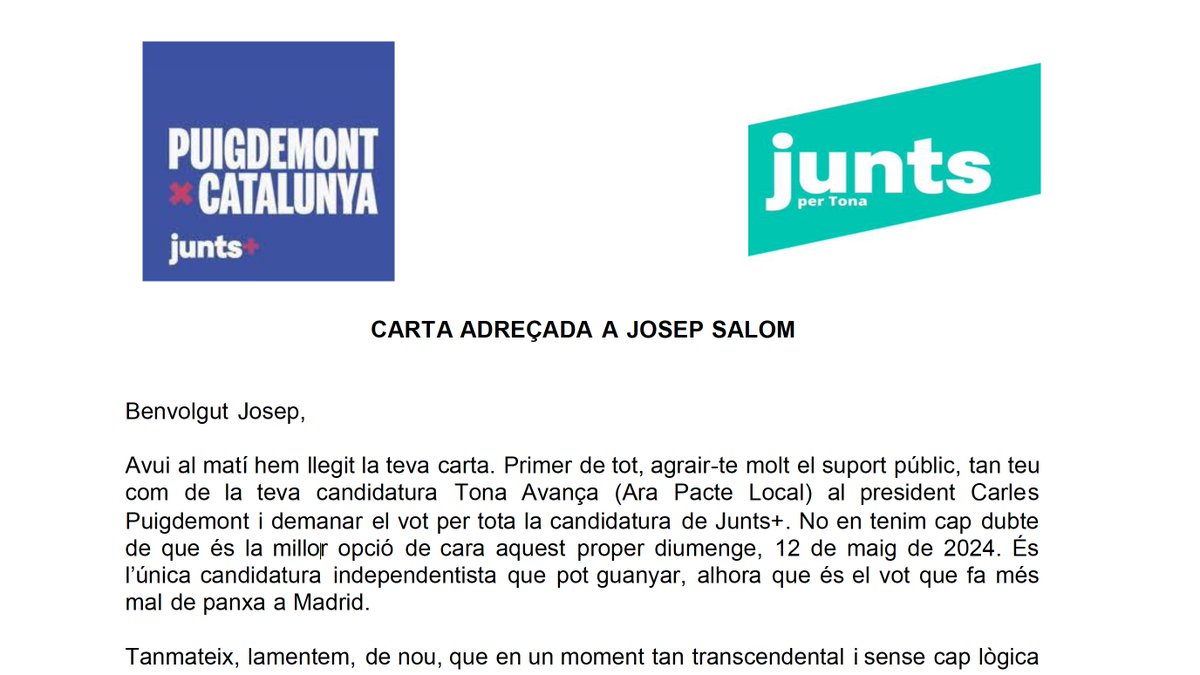 ✍️‼️ Carta de Junts per Tona adreçada a Josep Salom

ℹ️👉 mesosona.cat/ca/societat/ca…