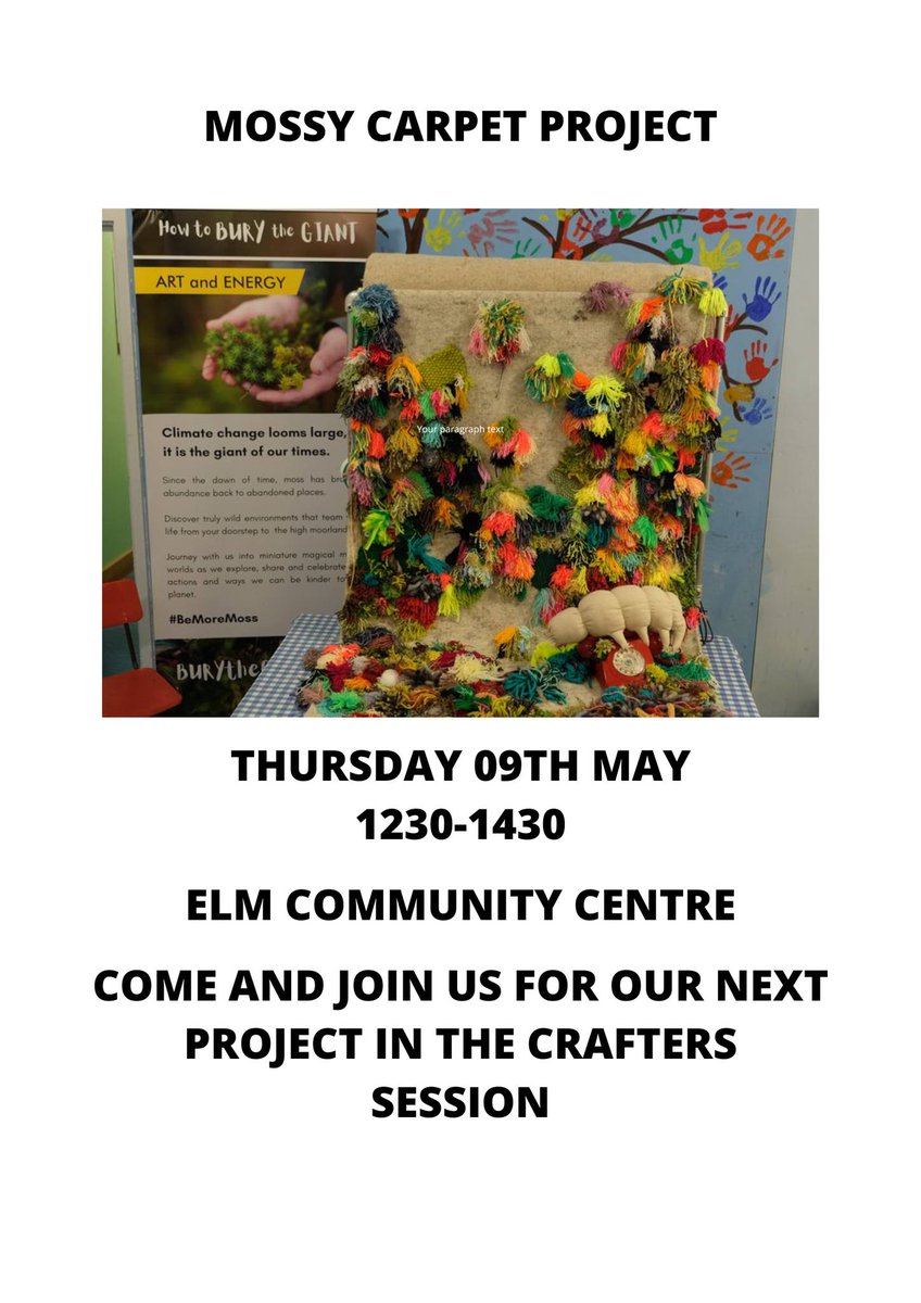 Find Art and Energy's Jenny today at Elm Community Centre in Estover #Plymouth with #TheMossyCarpet 
Thu 9 May, 12.30 - 2.30pm
Join us for sewing or making textile pieces & pompoms to add to the artwork
All welcome, no experience necessary & we provide the materials
#artandenergy